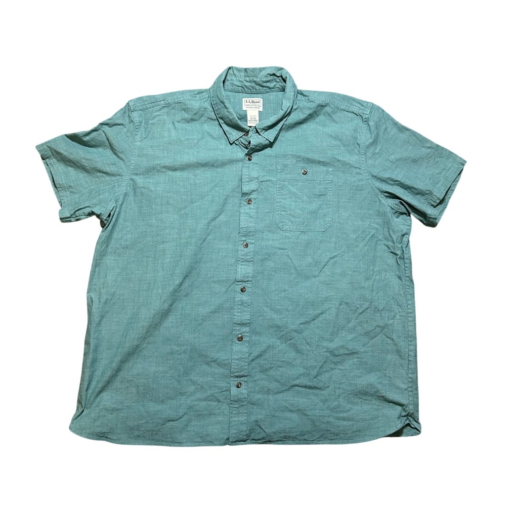 LL Bean Mens Short Sleeve Button Down Shirt Chambray Teal Size XXL‎ REG